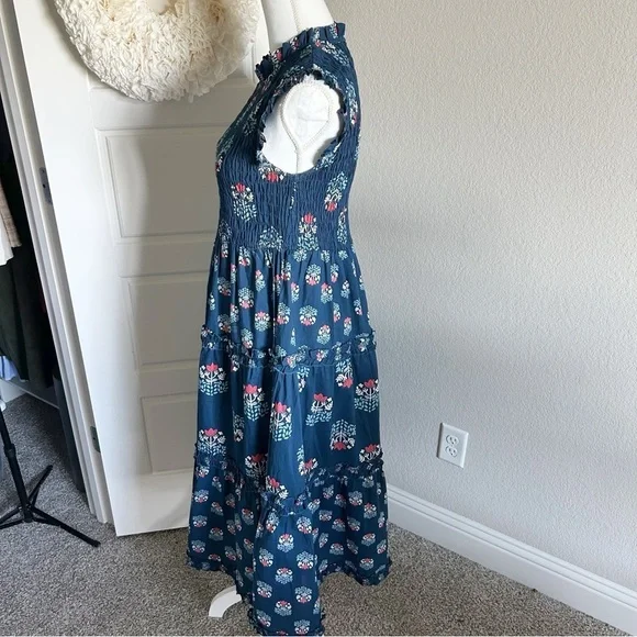 Ward Smocked Block Print Midi Dress Mud Pie Size S Navy - Picture 10 of 10